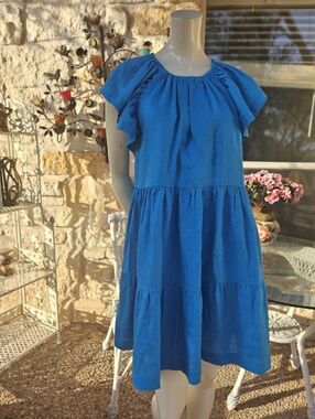 MARIE OLIVER Kara Tiered Dress Bondi Blue Thick 100% Linen Size M